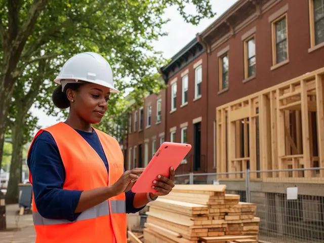 Woman in a white hard hat and orange safety vest using a coral-red tablet beside lumber and brick rowhouses