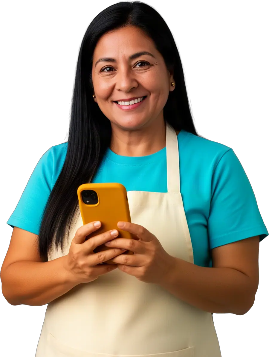 Smiling woman in a turquoise t-shirt and cream apron holding a mustard-yellow phone in both hands