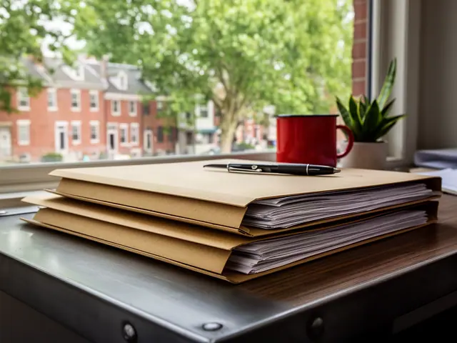 Stack of manila folders with a pen on a metal-and-wood desk by a window overlooking brick rowhouses