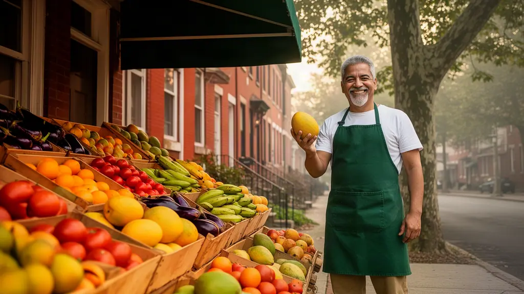 Smiling grey-haired grocer in a green apron holding up a mango beside crates of fruit on a brick rowhouse street