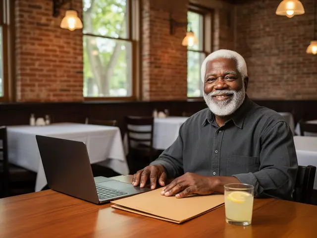 White-bearded man in a charcoal shirt smiling at a restaurant table with a laptop, folder and lemonade