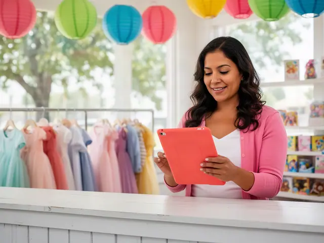 Woman in a pink cardigan reviewing a coral-red tablet at a white shop counter with dresses and paper lanterns
