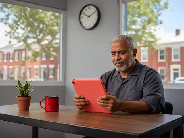 Grey-bearded man in a dark work shirt reading a coral-red tablet at a wooden desk with a red mug