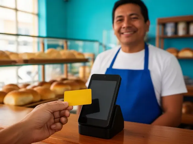 Customer hand holding a yellow card toward a black card terminal with a smiling bakery owner behind the counter