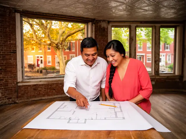 Two business partners smiling over a hand-drawn floor plan on a wooden table in an empty brick-walled shop