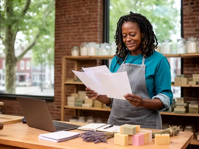 Woman in a grey apron reading printed sheets beside a laptop, notebook, lavender and handmade soap bars
